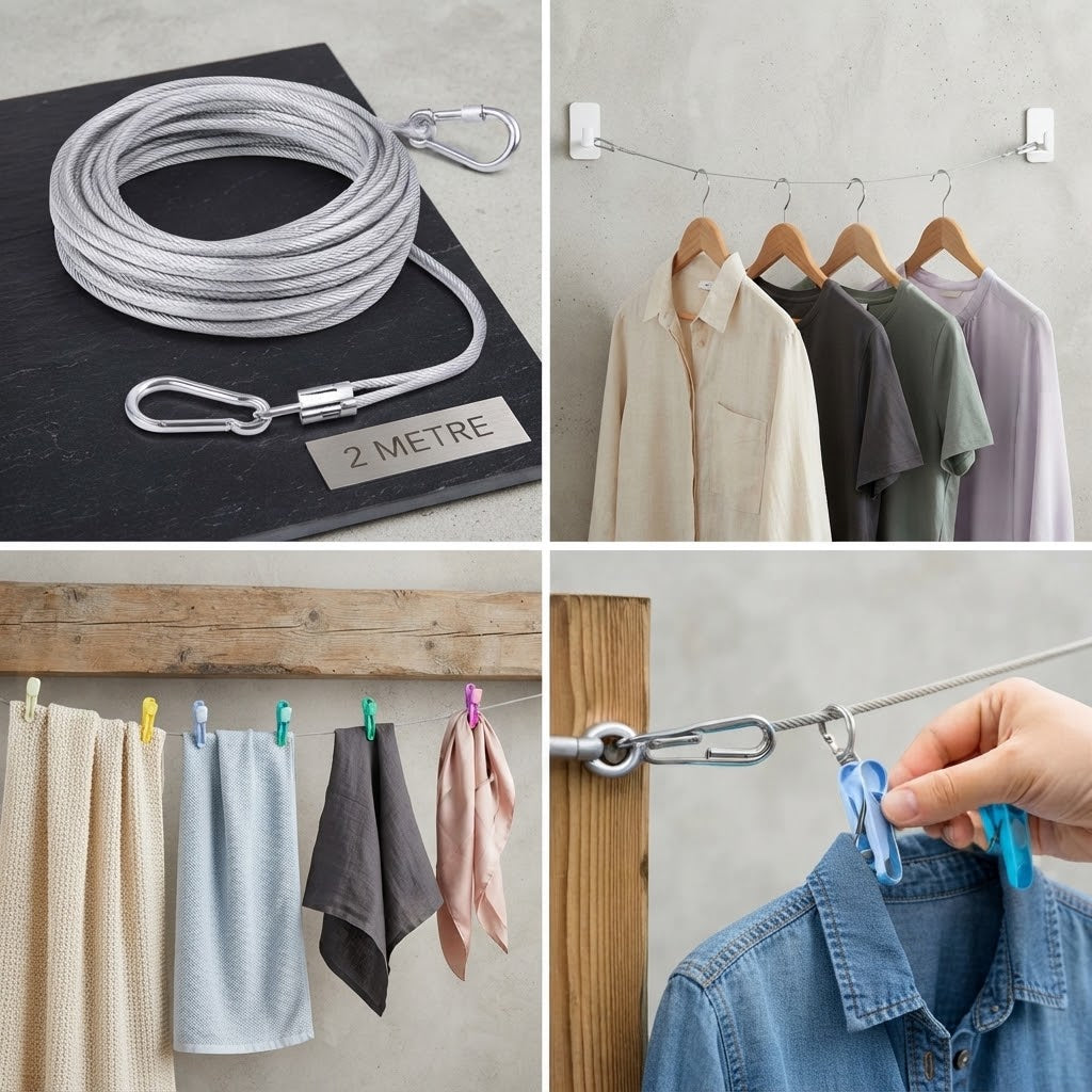 2-Metre Stainless Steel Clothes Drying Wire with Hooks – Heavy-Duty Portable Laundry Line